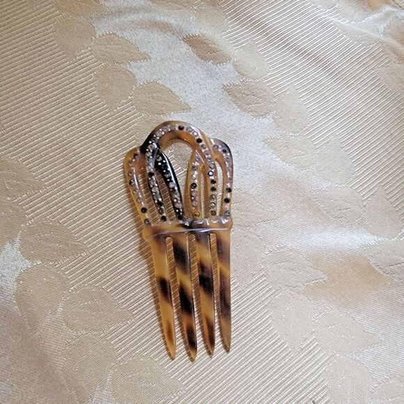 VTG Victorian hair comb faux Tortoise Shell hair ornament w/rhinestones - Picture 5 of 15